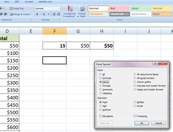 Sử dụng tính năng paste trong Excel